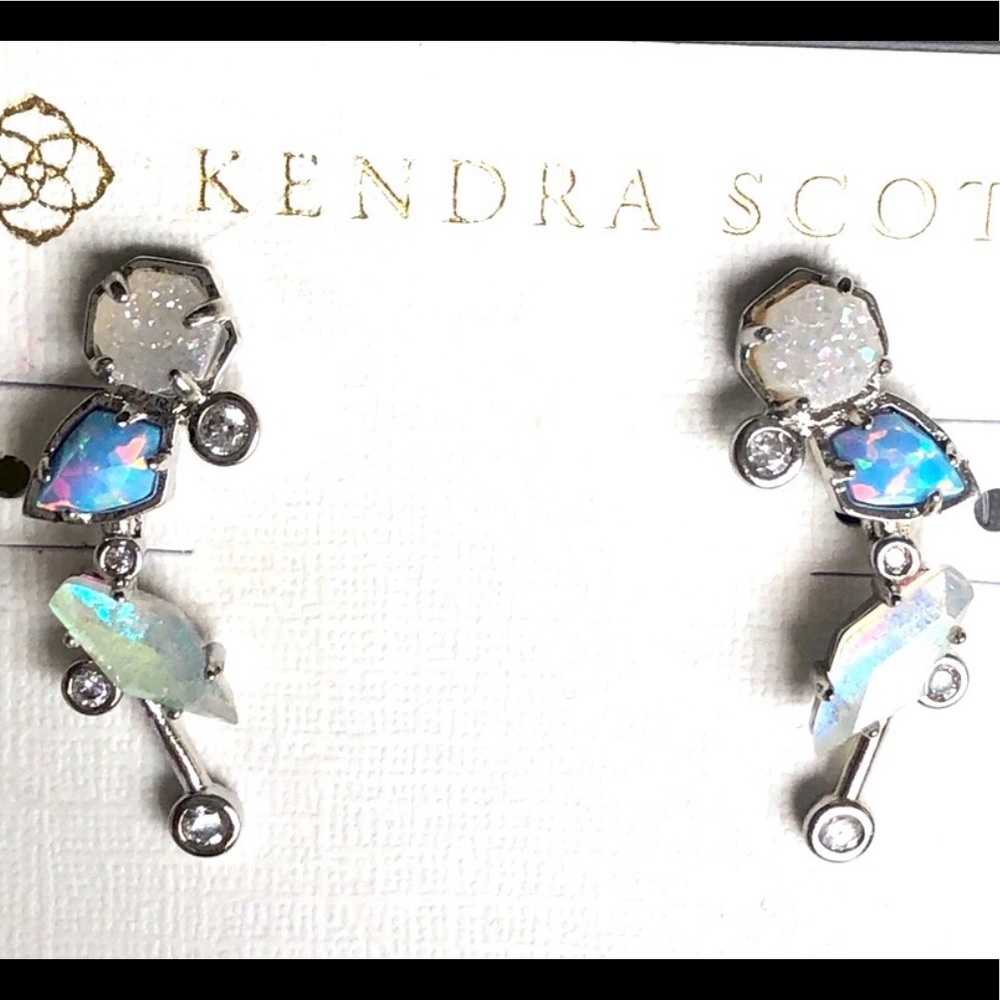 NWT RARE & Retired Kendra Scott Troian Ear Climbers Ice Blue Opal Dichroic Drusy - Picture 15 of 17